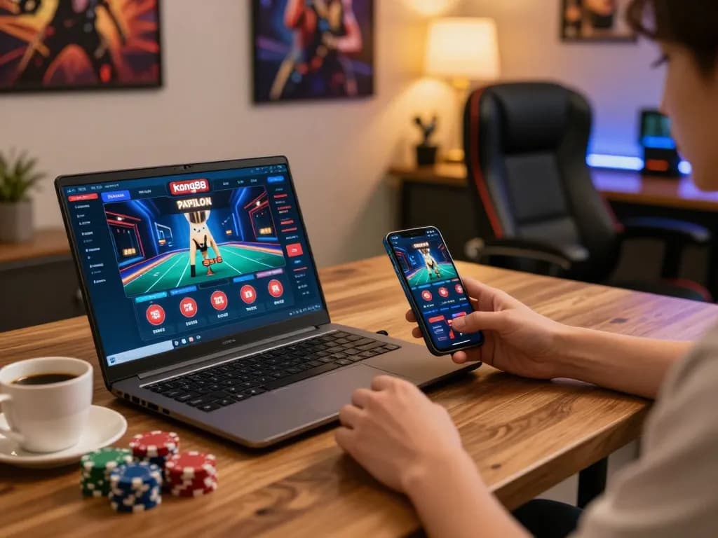 Engaging online gaming scene showcasing kong88 papillon on a laptop, enhancing user experience with poker chips.