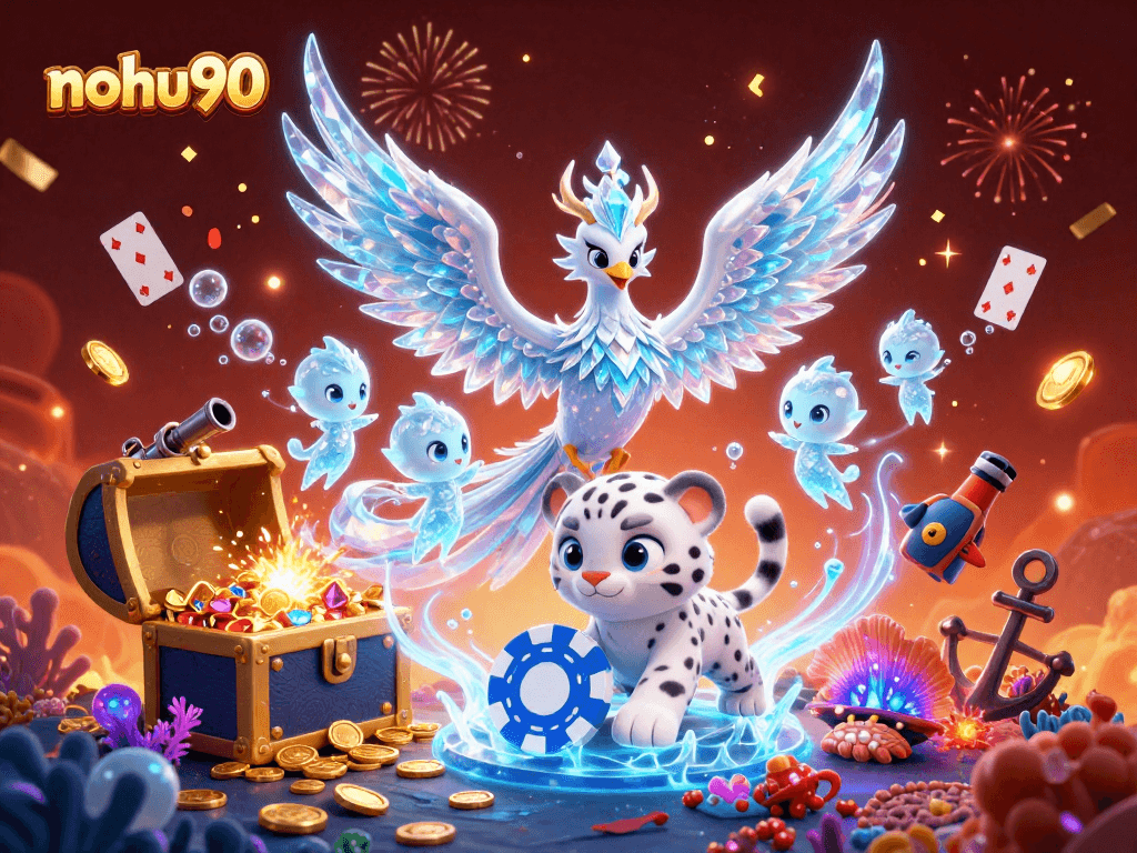 Experience the thrill of nohu90 with a captivating ice phoenix and magical elements in this vibrant casino scene.
