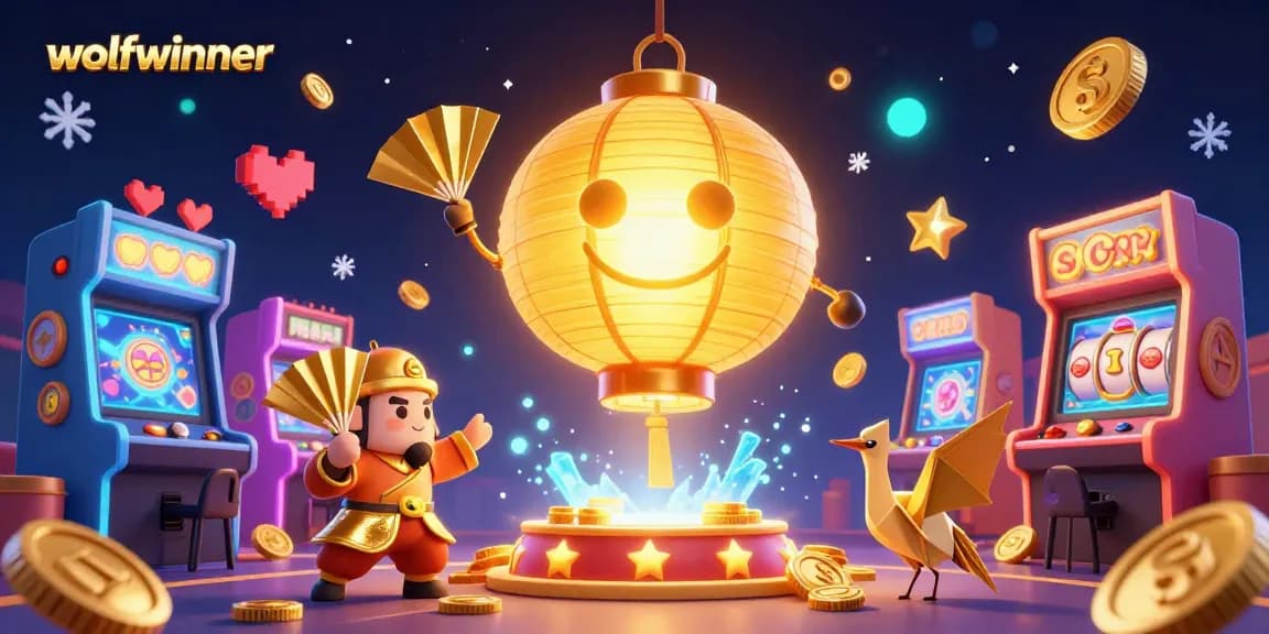 Experience the excitement of wolfwinner with a vibrant casino scene featuring golden lantern spirit, paper fan warriors, and colorful arcade elements.