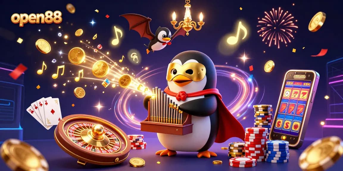 Experience the excitement of open88 with dynamic casino elements featuring golden coins and a 3D penguin character.