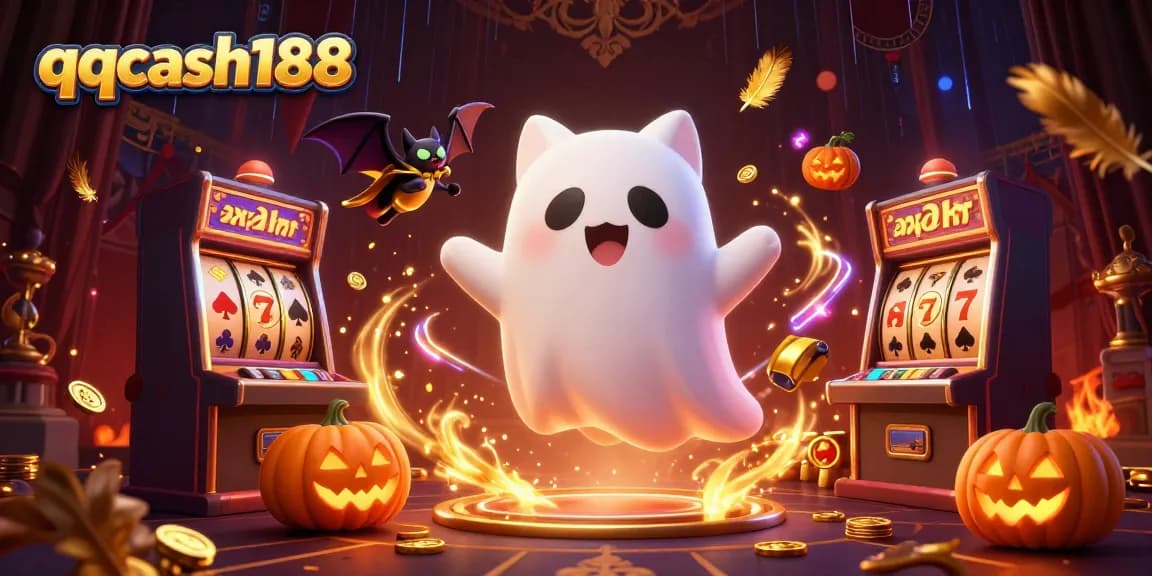 Win big on qqcash188 with a ghost cat and bat in a haunted casino full of slot machines!