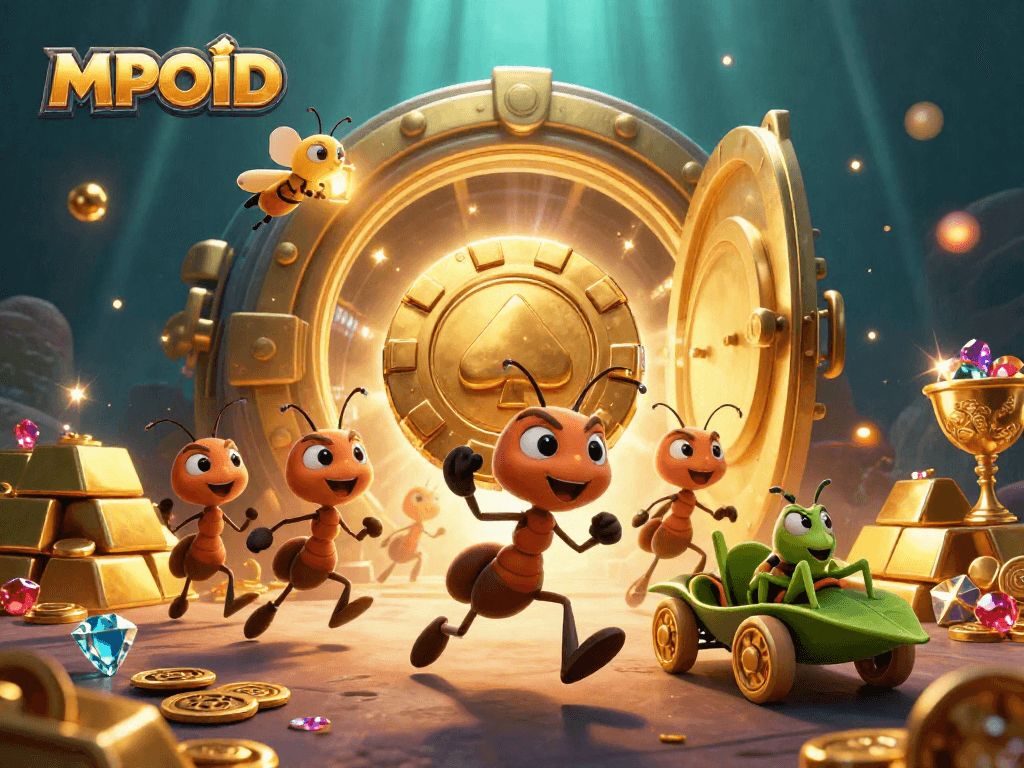 MPOID showcases a dynamic team of cartoon ants stealing a giant poker chip, embodying fun and excitement in gaming.