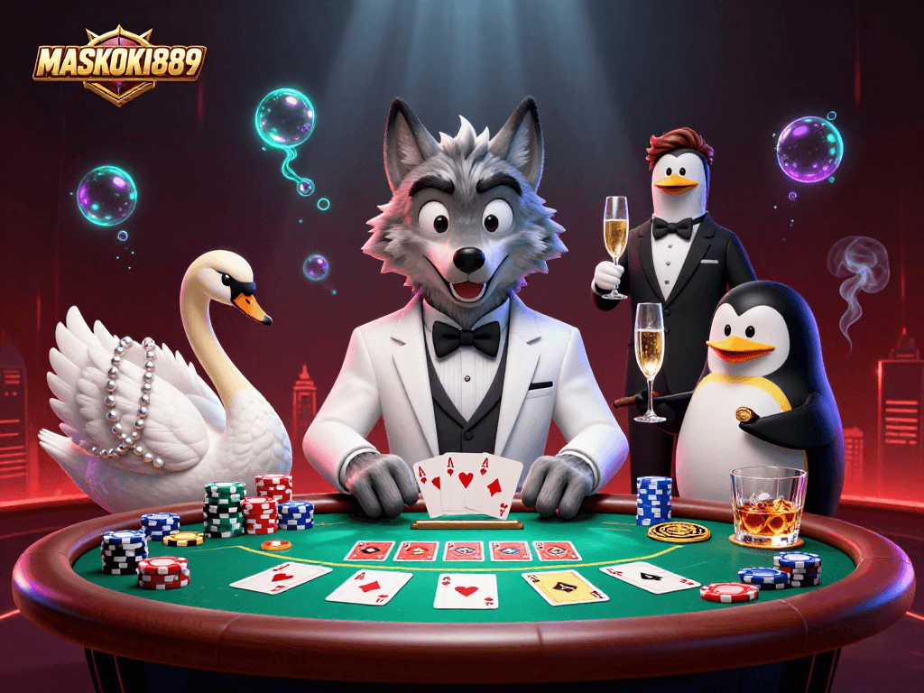 Join the excitement at MASKOKI889 with lively card games showcased in a vibrant casino scene.