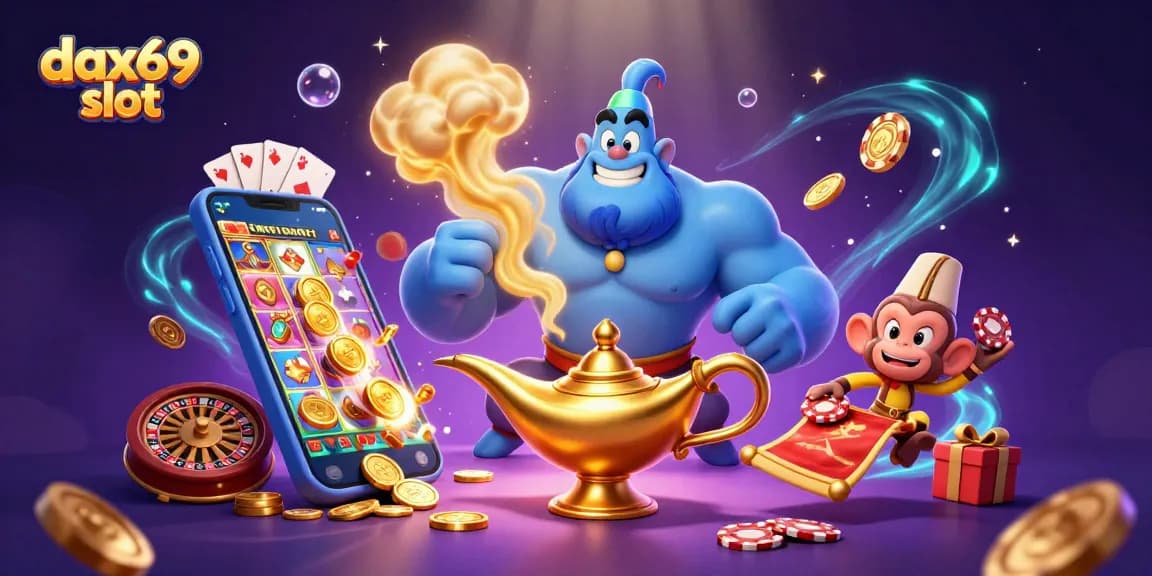 Menangkan permainan dax69 slot dengan genie bertubuh kekar dan koin emas berkilauan.