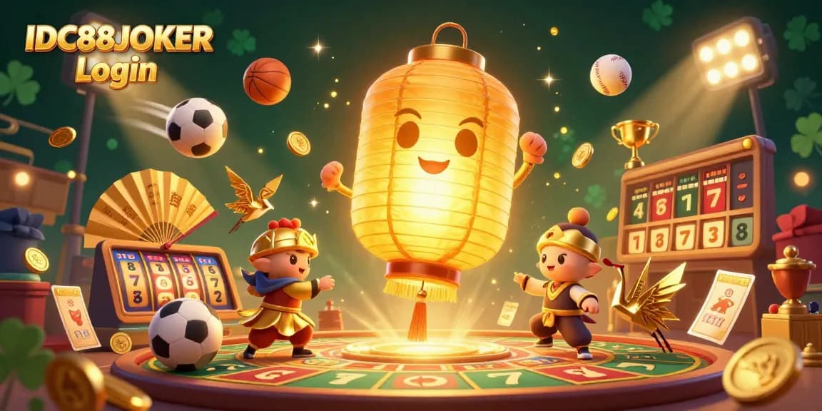 Experience thrilling gameplay at IDC88JOKER Login with golden lantern spirit surrounded by vibrant casino elements.