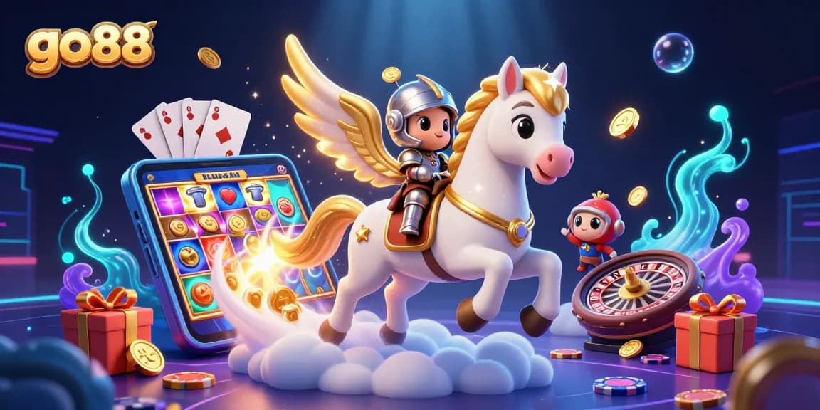 Experience the thrill of go 88 with a vibrant scene of a celestial horse and knight amid dynamic casino elements.