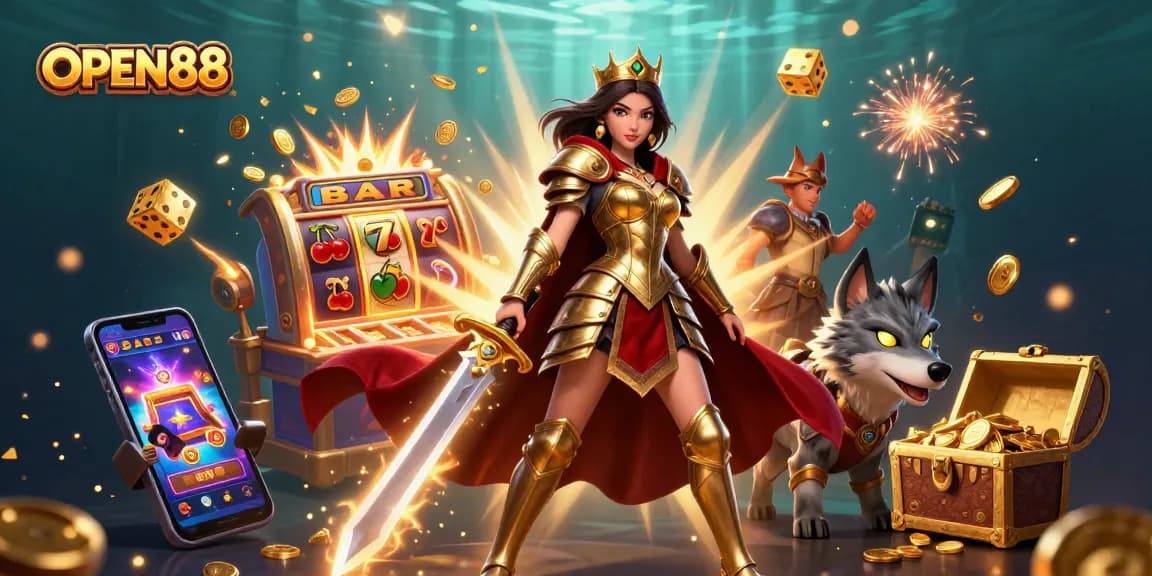 Engage with the thrilling world of OPEN88, showcasing an epic gambling scene with a warrior queen and treasure.