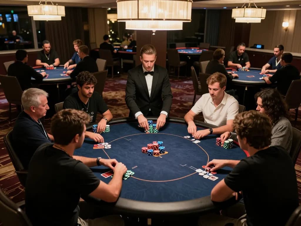 Players strategizing in a high-stakes poker game at LC88 casino, showcasing their intense focus and gameplay.