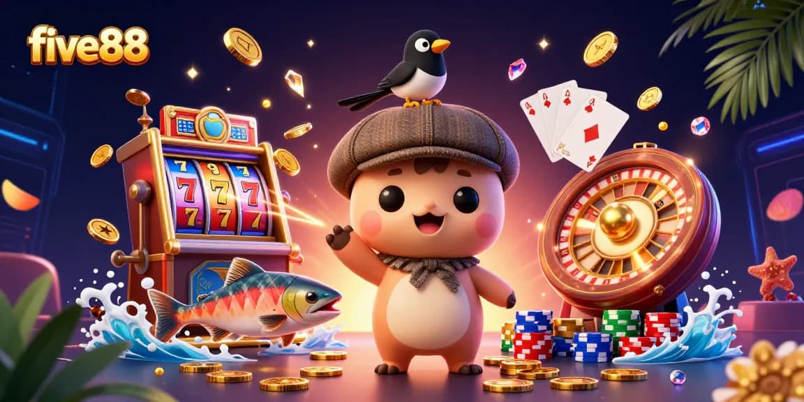 Experience winning excitement at five88 with vibrant cartoon characters reveling in gambling fun.
