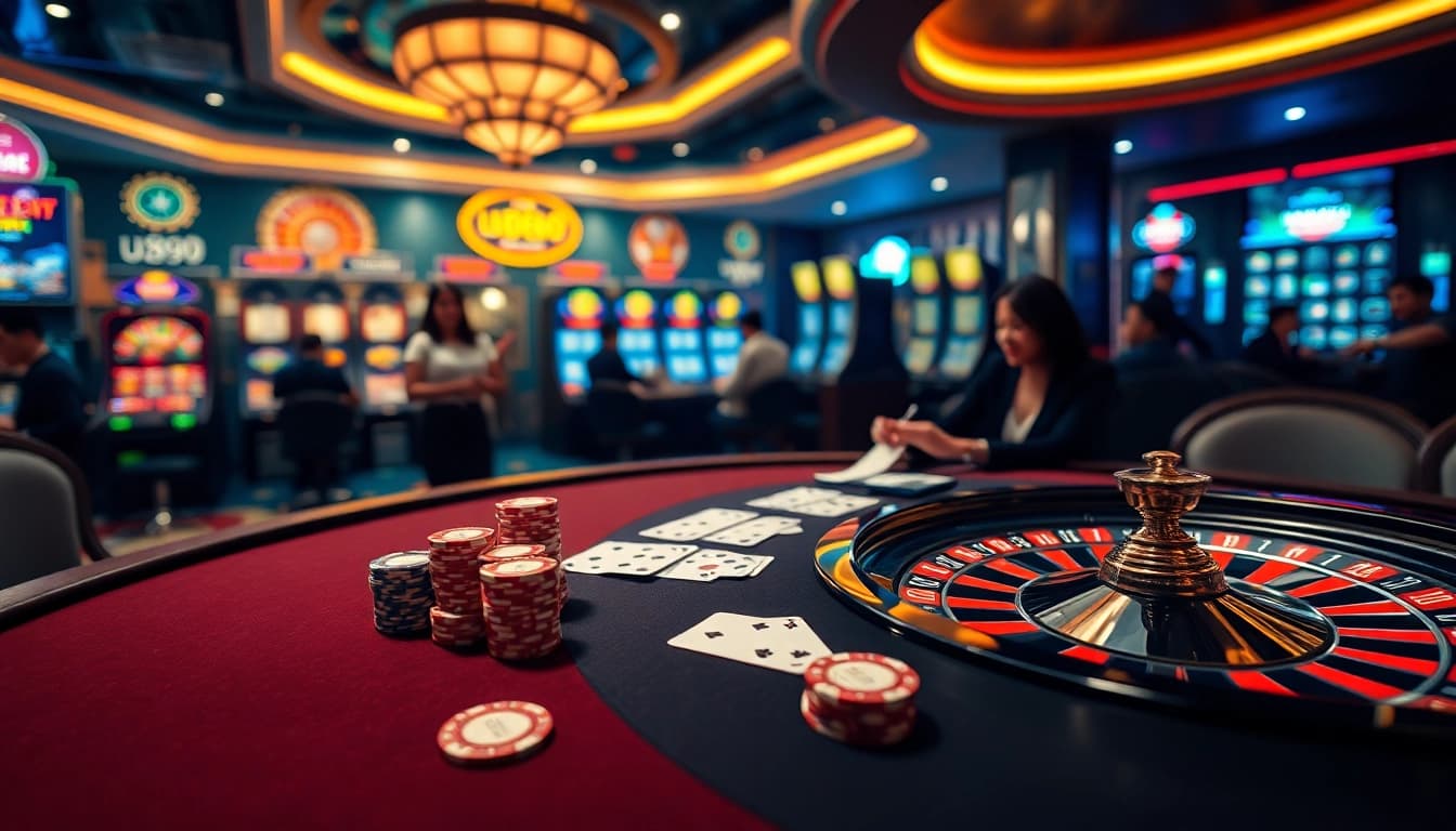 Experience thrilling gameplay at u888 with vibrant casino visuals of poker, roulette, and slot machines.