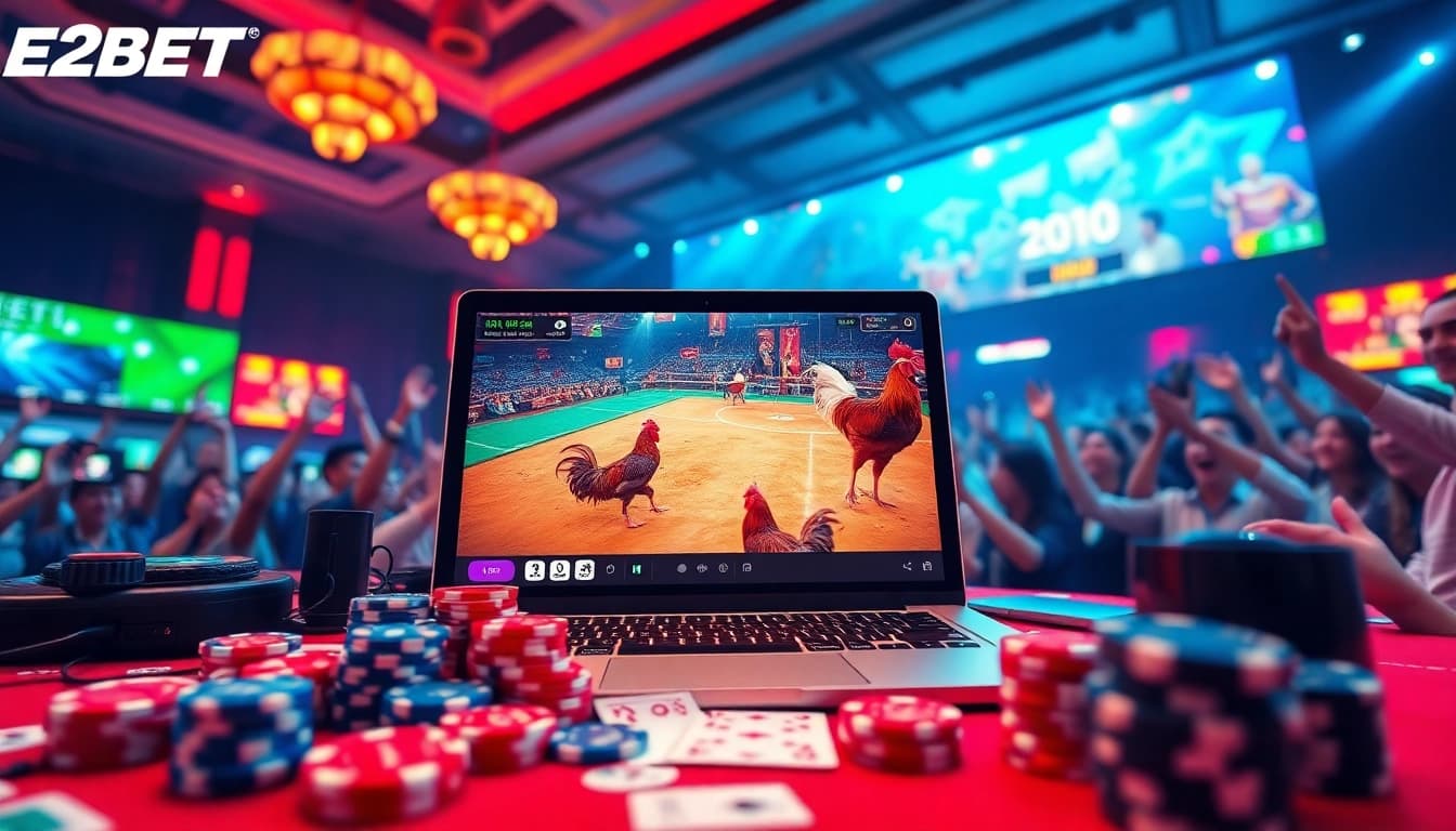 Vibrant scene of Đá gà E2BET online betting, showcasing excitement in a gambling atmosphere.