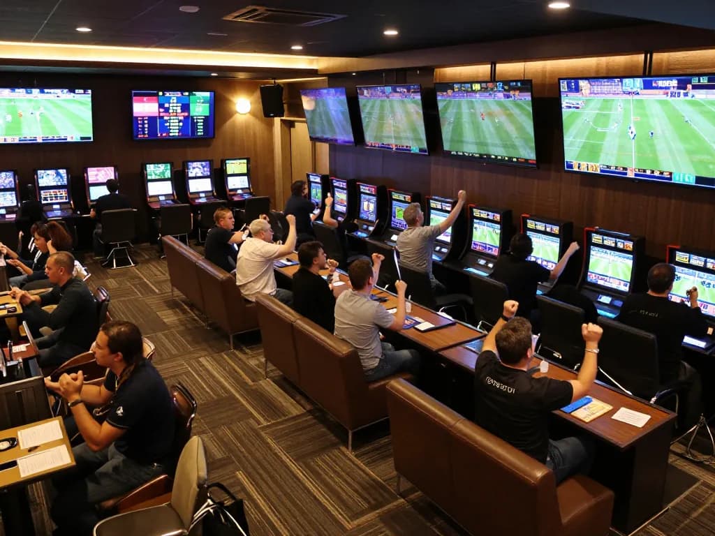 Patrons placing bets and cheering in the sports betting lounge at OPEN88, showcasing an exciting atmosphere