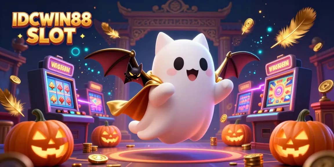 Engage with IDCWIN88 SLOT's vibrant casino experience featuring a ghost cat, bat, and glowing jack-o-lanterns.