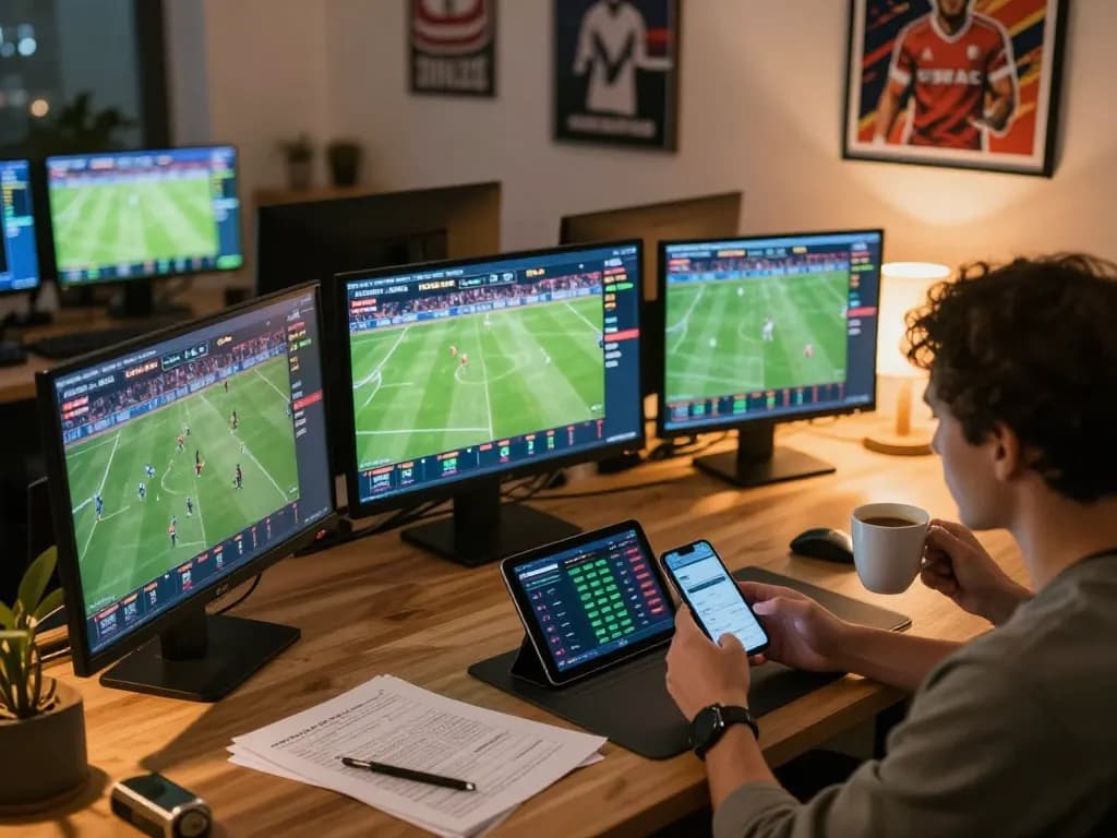 SOCOLIVE user engaging in live soccer betting with multiple screens showcasing real-time odds and matches.
