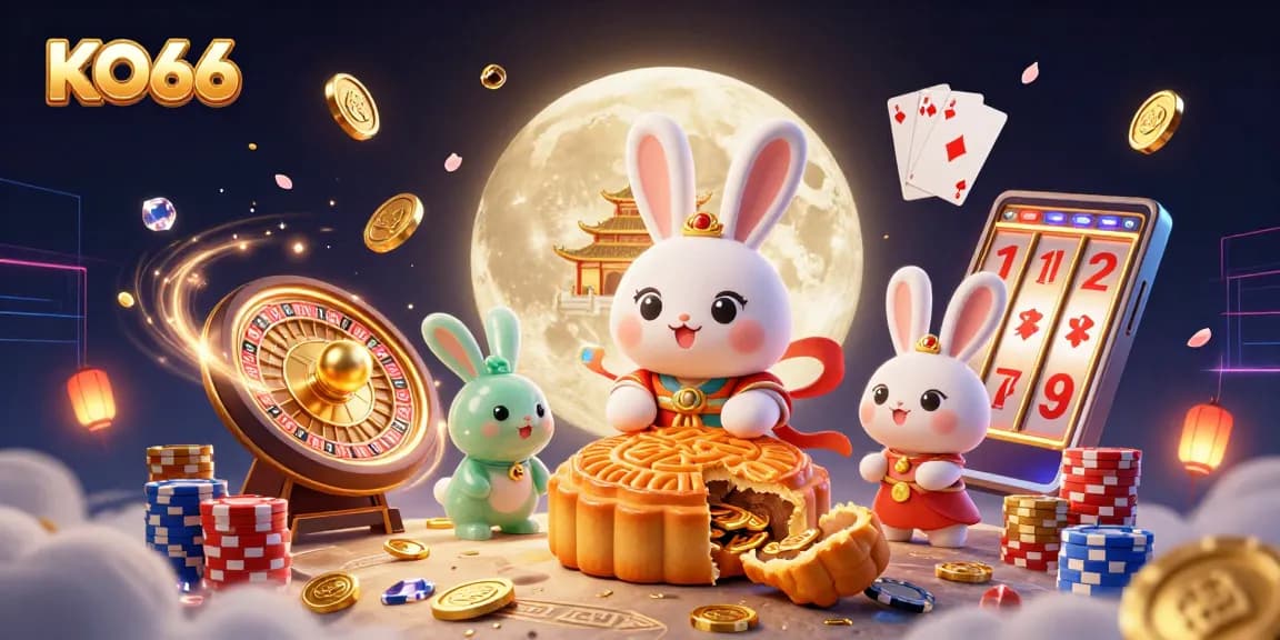 KO66 game elements illuminate a 3D cartoon moon rabbit scene with poker chips and coins.