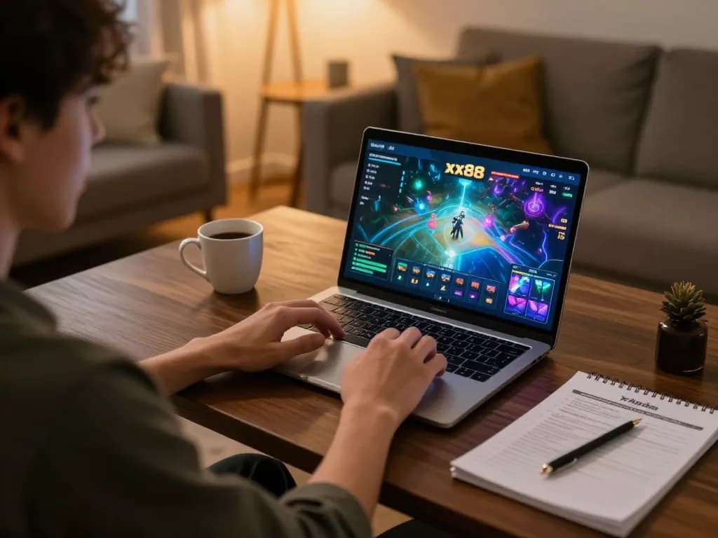Player enjoying an online gaming session at xx88 with vibrant graphics in a cozy setting