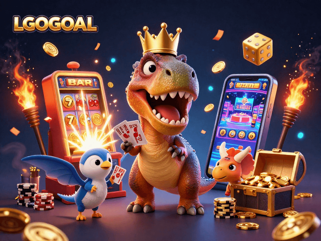 Play with LGOGOAL's colorful slots as a T-Rex shuffles cards and a pterodactyl helps.