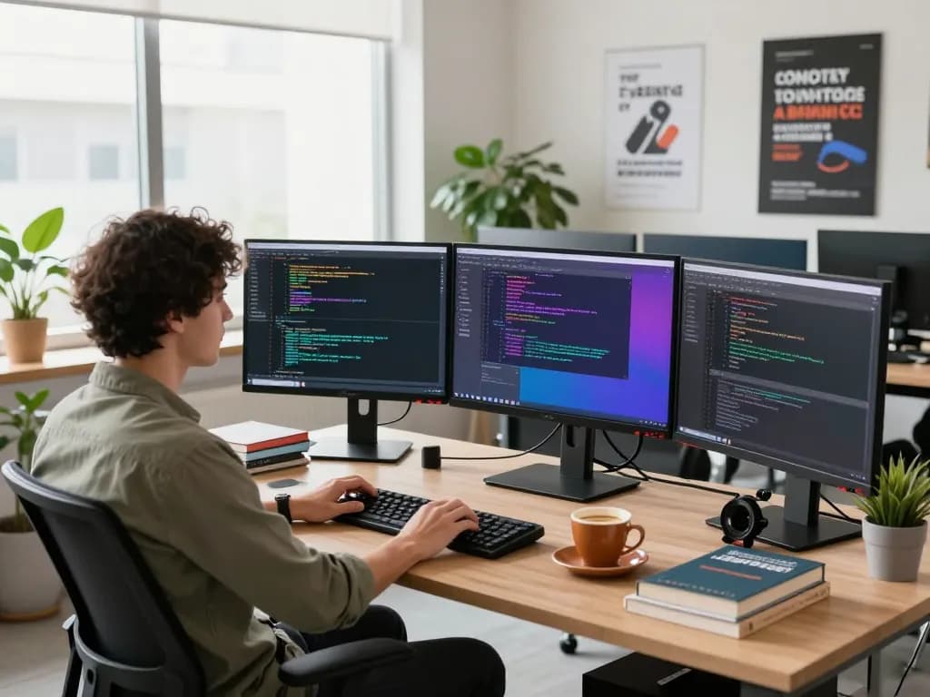 Developer coding in a modern tech workspace showcasing innovative hbet solutions with multiple monitors and coffee.