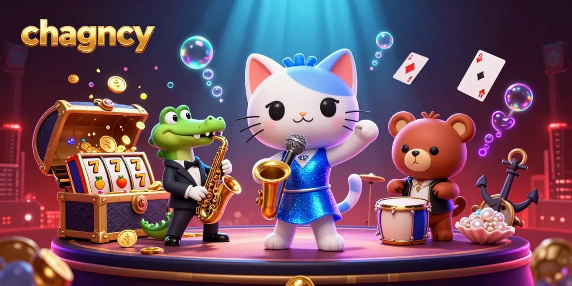 chagency promotes exciting gameplay in an illustration with vibrant casino characters amidst slot elements.