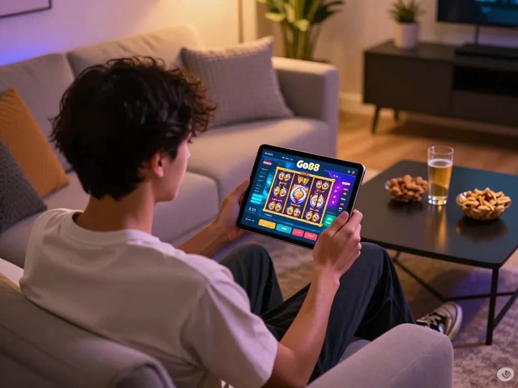 Engaging user gaming on Go88 tablet in cozy living room setting
