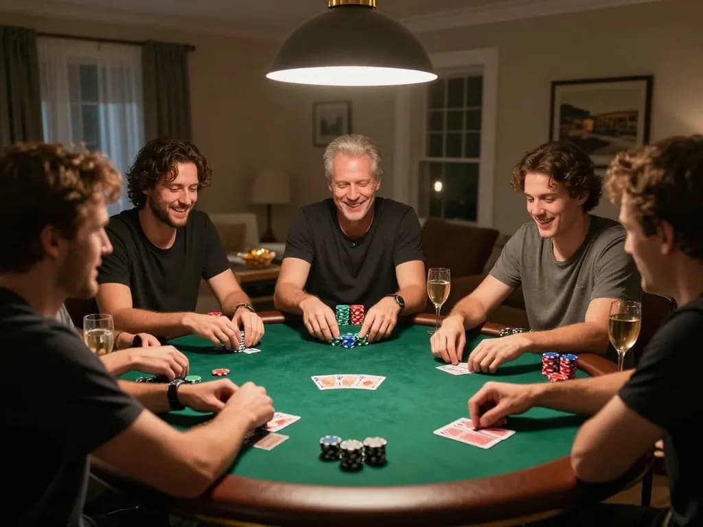 Friends playing poker at home, showcasing the kp88220 experience of social gambling in a cozy setting.
