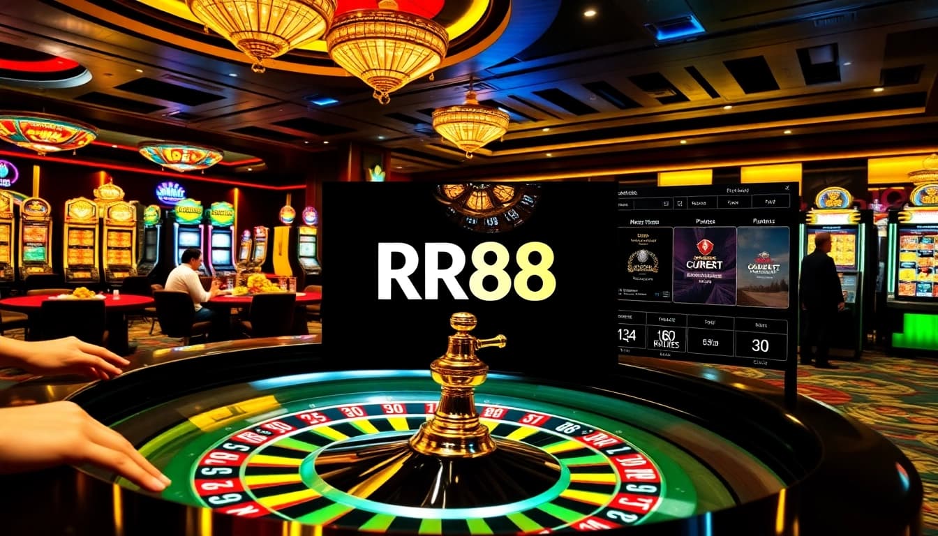 RR88 casino scene with players enjoying roulette, colorful chips, and slot machines.