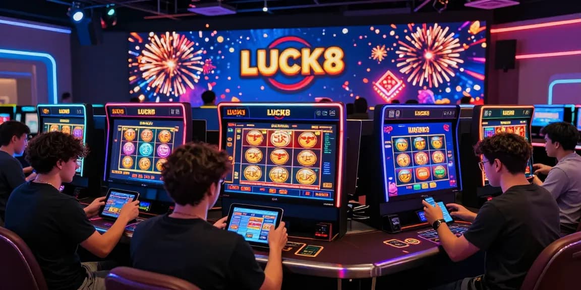 LUCK8's engaging online gambling platform featuring vibrant casino games and excited players.