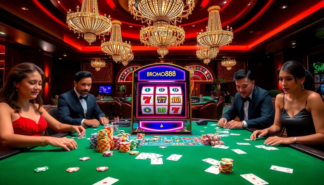 Experience the thrill of BROMO888 with vibrant slot machines, poker chips, and casino excitement.