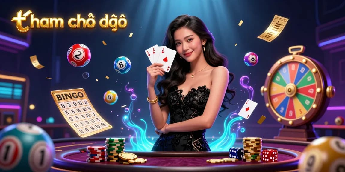 Experience tham khảo thêm with a stunning 3D casino scene featuring an elegant woman holding playing cards surrounded by vibrant game elements.