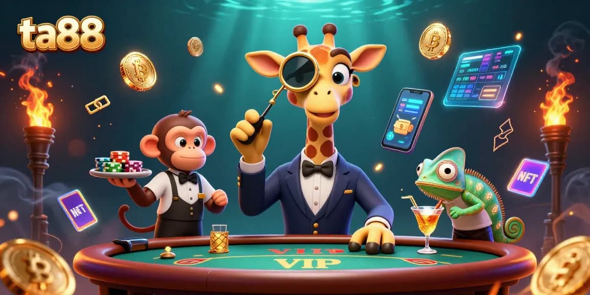 Win big with ta88 at the vibrant casino featuring 3D characters and crypto elements.
