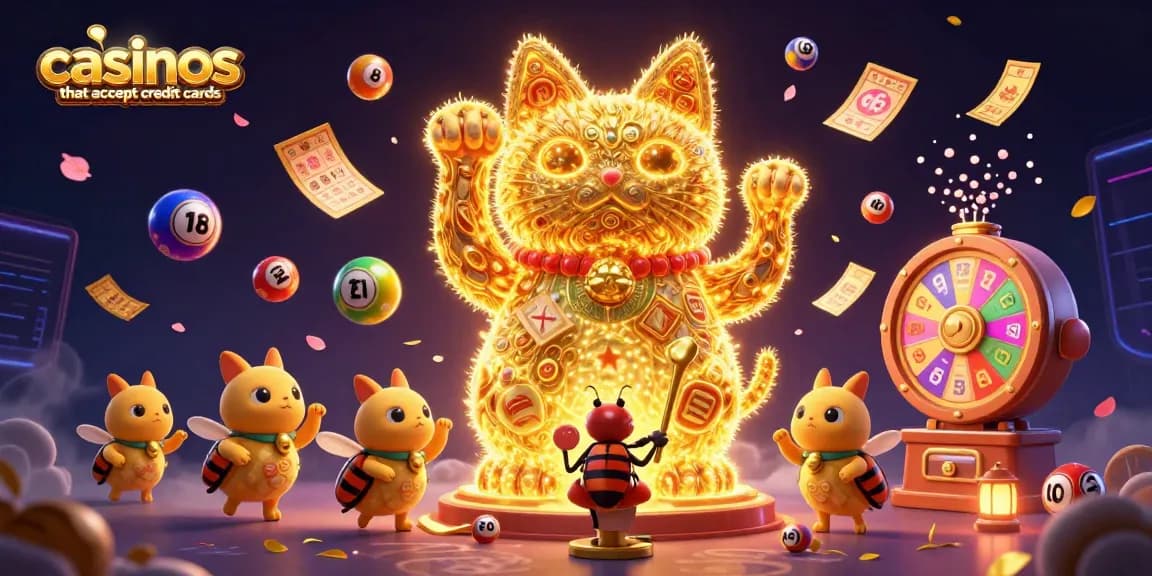 Experience thrilling gameplay at casinos that accept credit cards with vibrant casino elements and a lucky cat symbol.