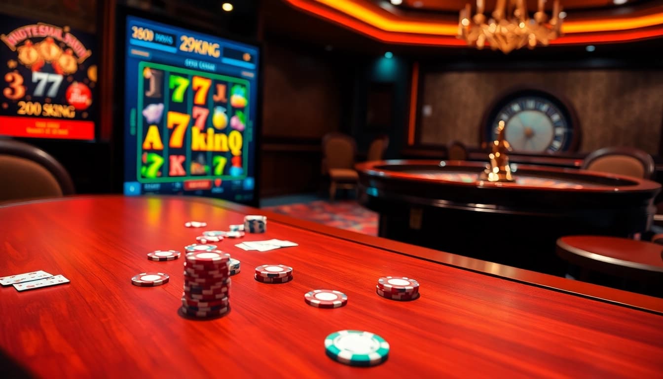 Experience excitement at 79king with vibrant poker chips and a roulette wheel in a luxury casino setting.