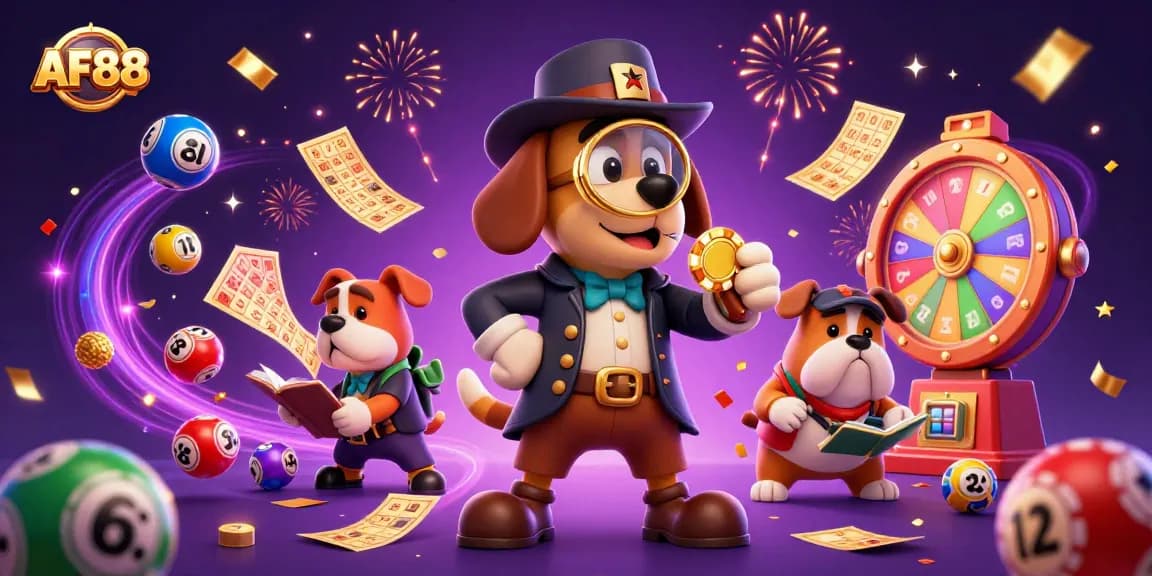 Engage in thrilling casino action with AF88, where a detective dog investigates poker rewards amidst lottery excitement.