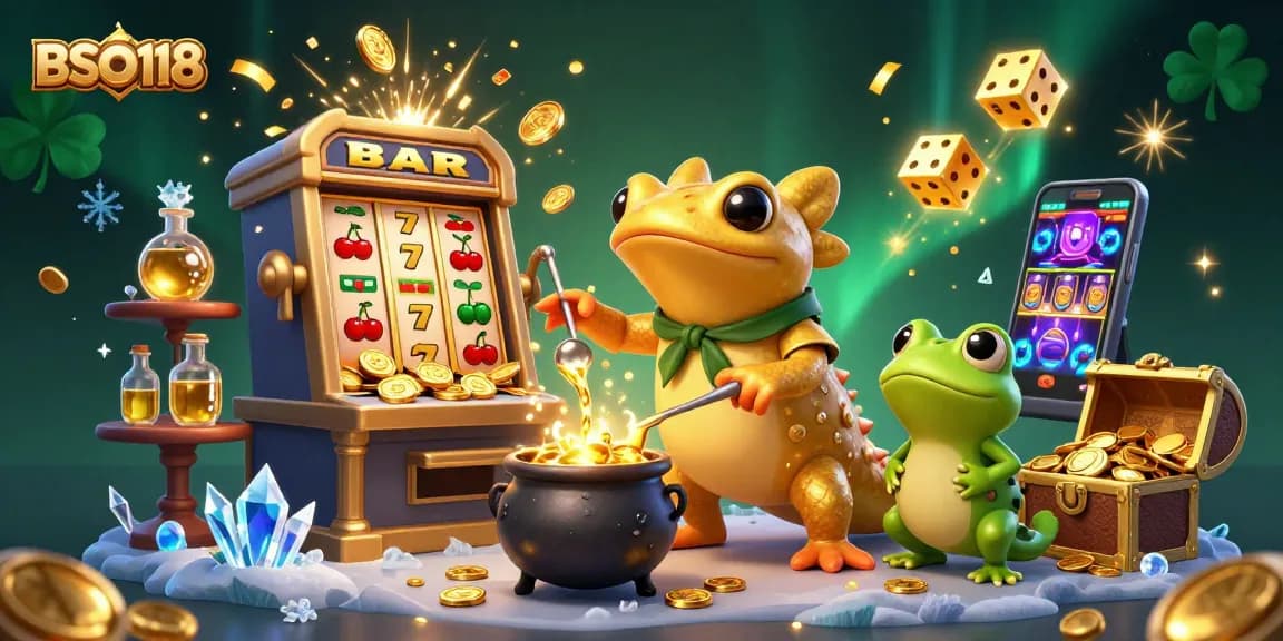 Experience the magic of BSO118 with a vibrant 3D illustration of a golden salamander alchemist amidst casino delights.