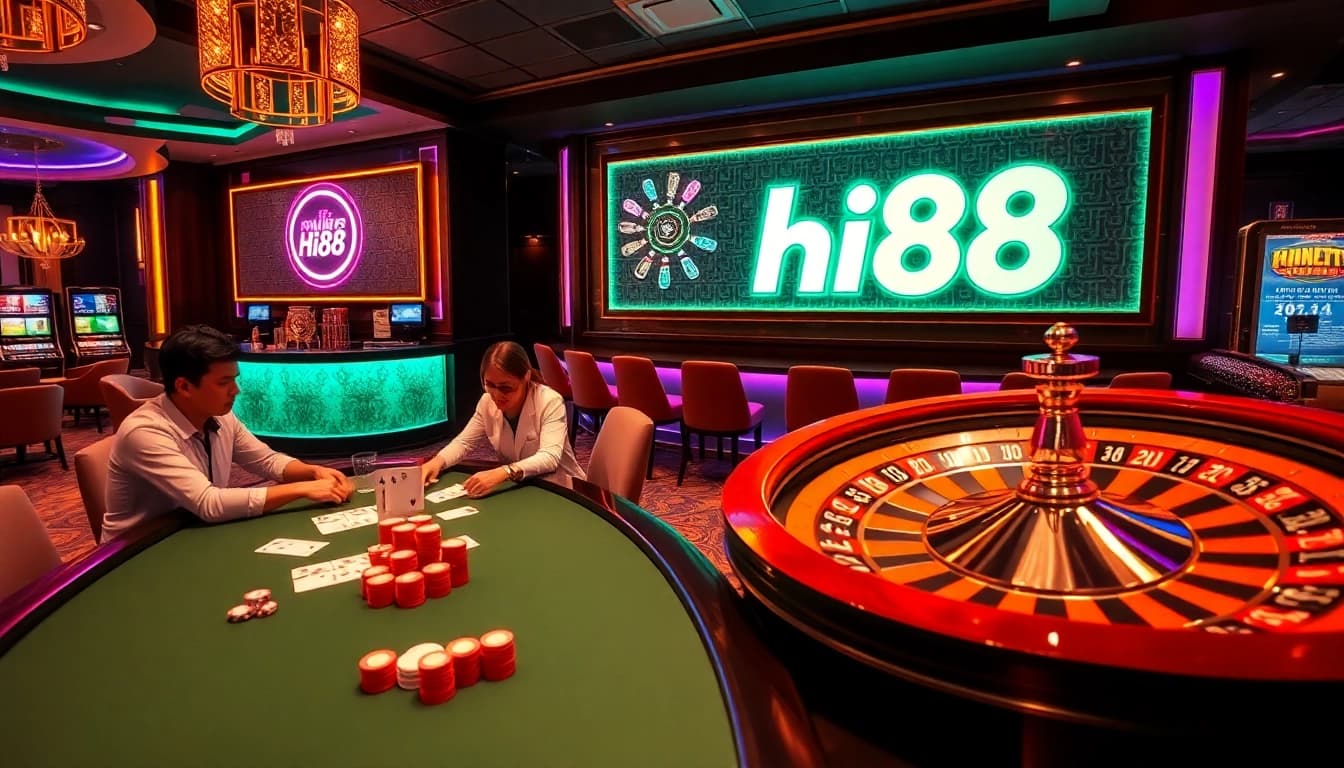 A thrilling poker game at Hi88, showcasing intense players and vibrant casino elements.