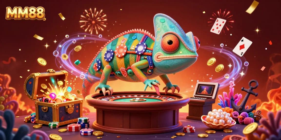 Engage with MM88’s vibrant casino adventures featuring a lively chameleon, fun gaming elements, and magical treasures.