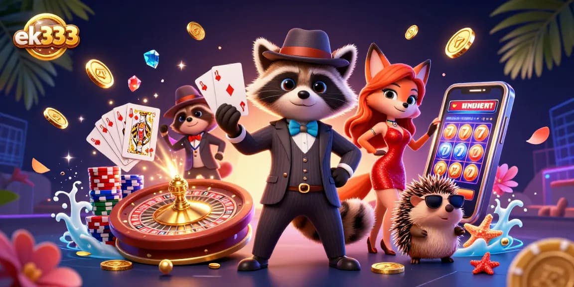 Experience thrilling gameplay with ek333 in this vibrant 3D casino illustration showcasing exciting characters.