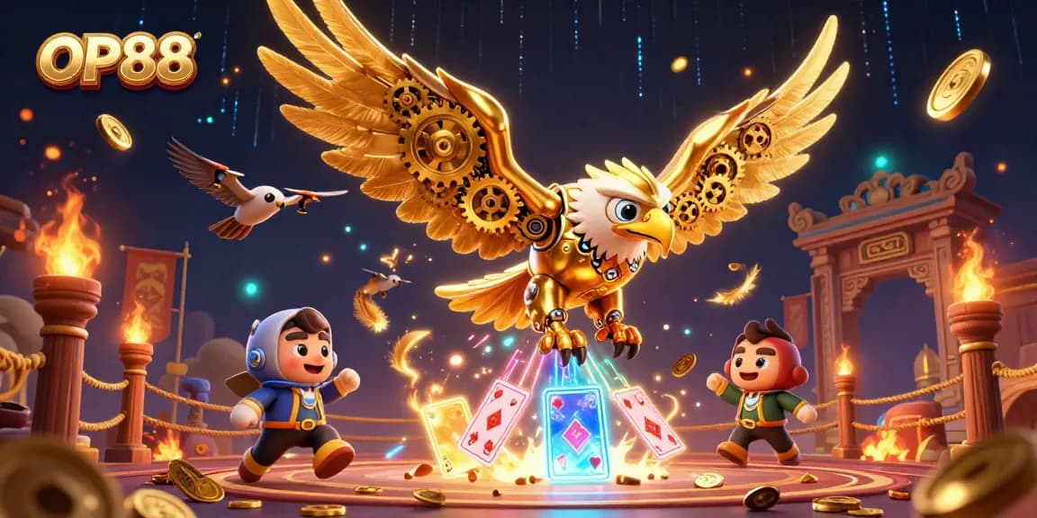 Engage in thrilling betting at OP88 with an ultra-detailed 3D casino scene showcasing an eagle amidst holographic cards.