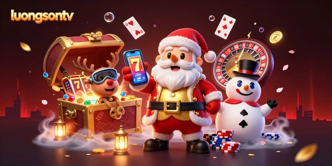 Experience thrilling moments at luongsontv with Santa, a reindeer dealer, and a chip-top hat snowman amidst rich casino visuals.