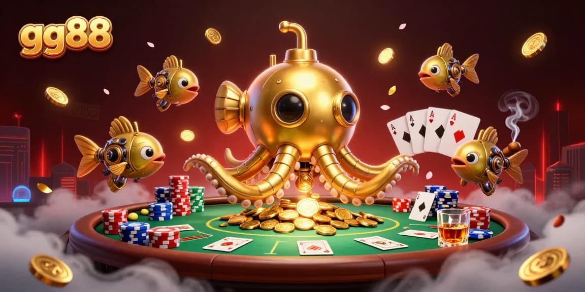Experience the thrill of gg88 with vibrant poker elements and a heroic kraken submarine.