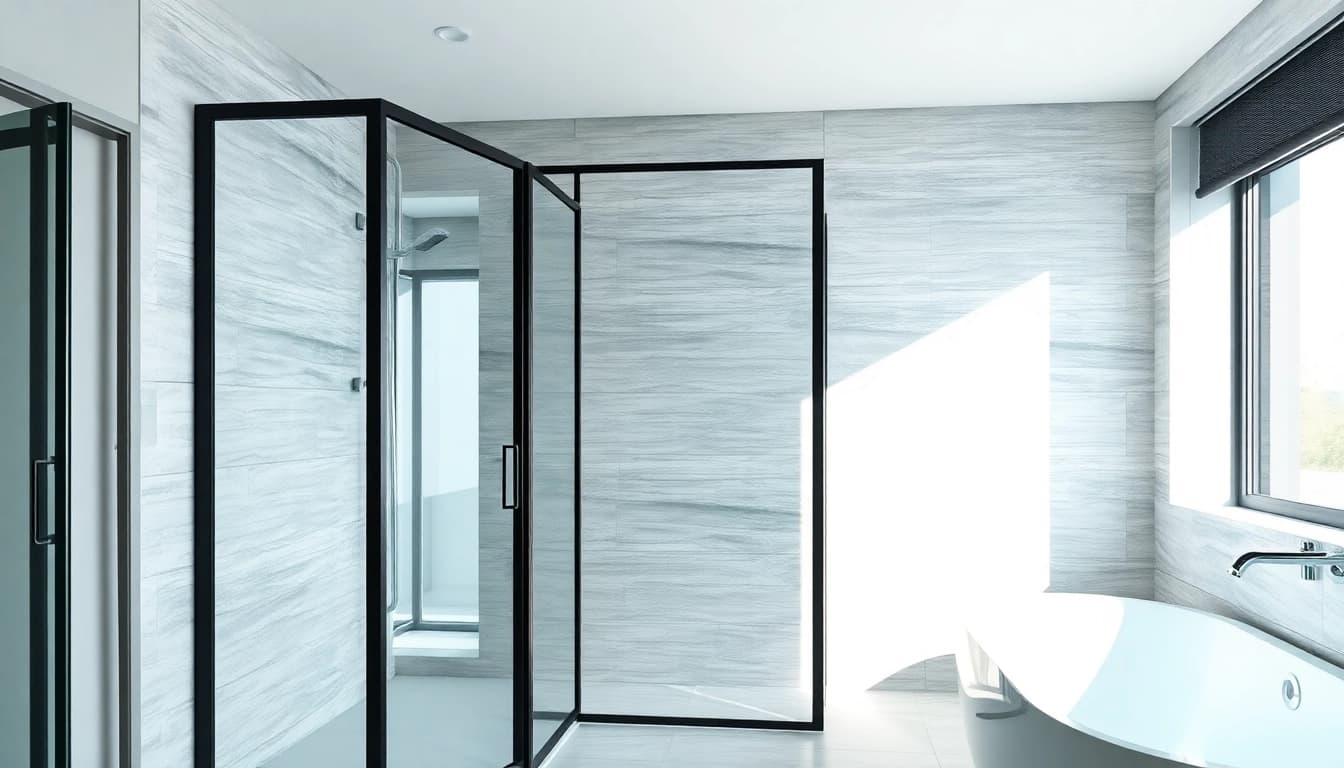 Elegant black frame shower doors enhance the modern bathroom's aesthetic appeal.