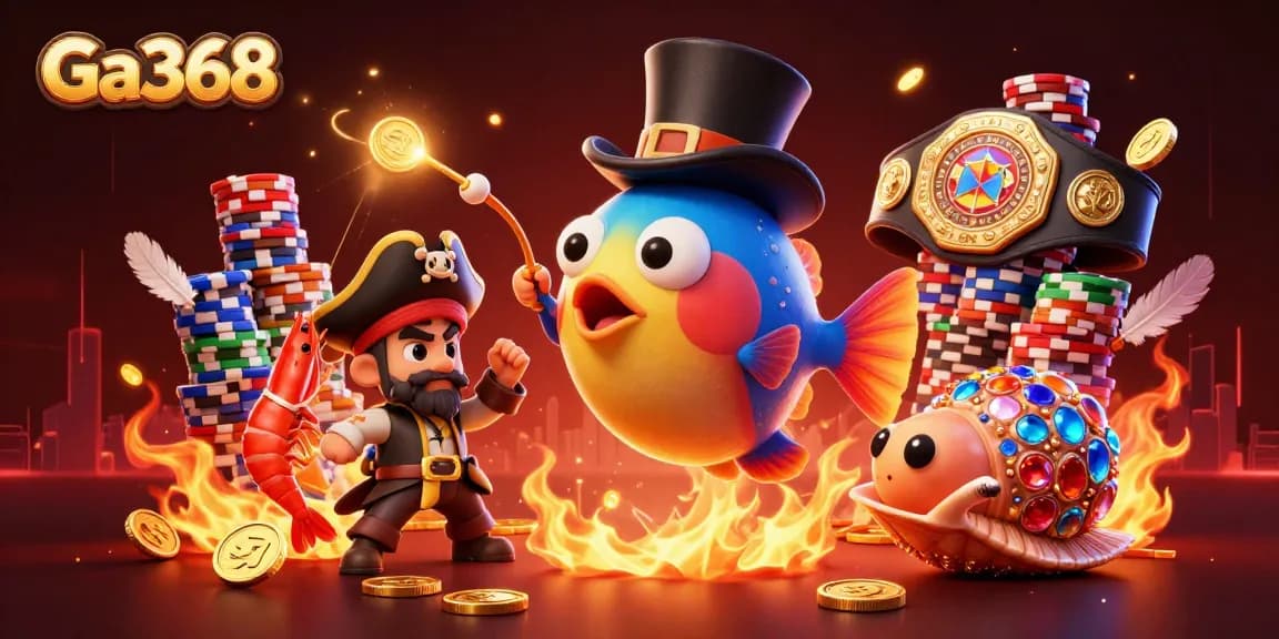 Ga368 showcases an intense cockfighting scene with dynamic characters and vibrant casino elements.