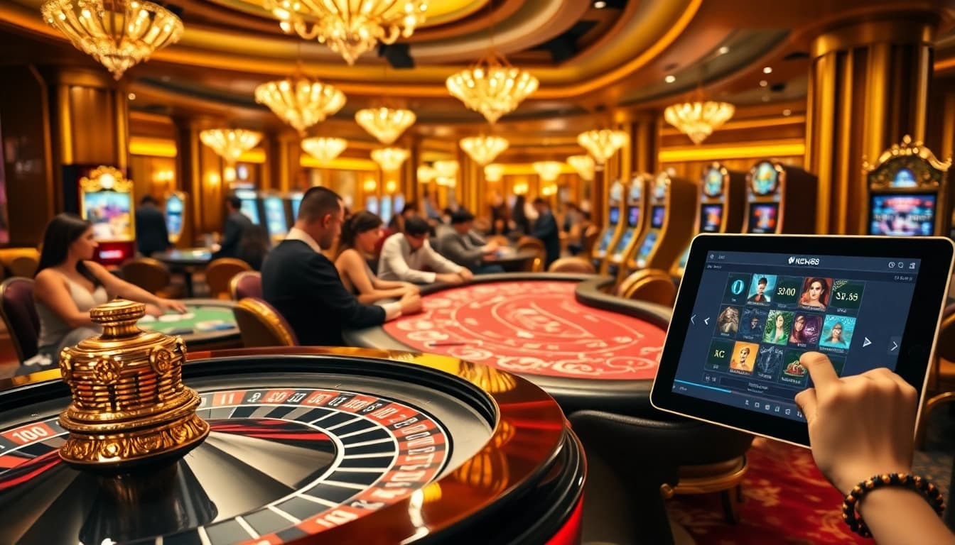 Players enjoying poker at new88 casino tables, showcasing excitement and luxury in gambling.