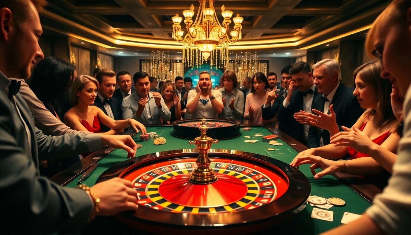 sv388 thomo players excitedly placing bets at a luxurious casino table with roulette