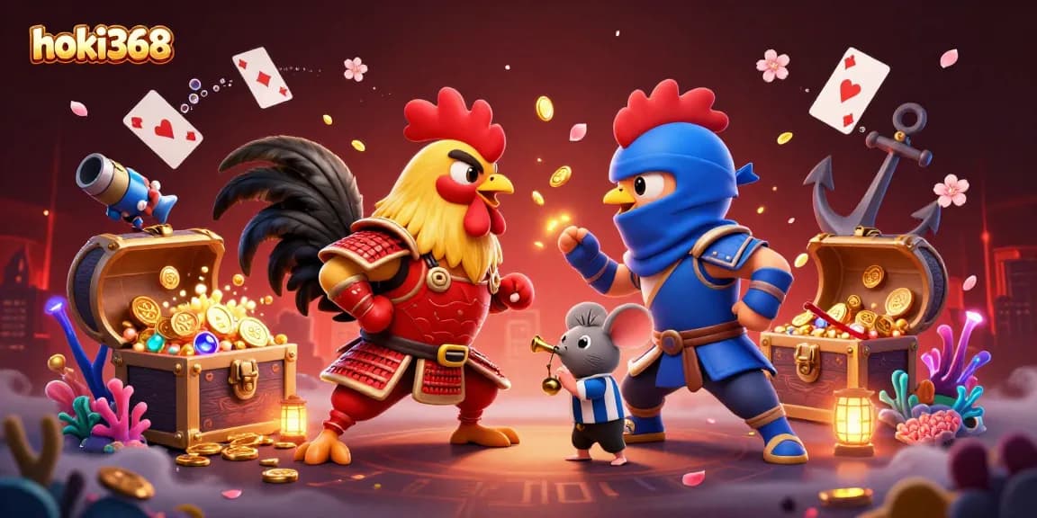 Experience the thrill of hoki368 with twin roosters battling in a vibrant casino scene filled with treasures.