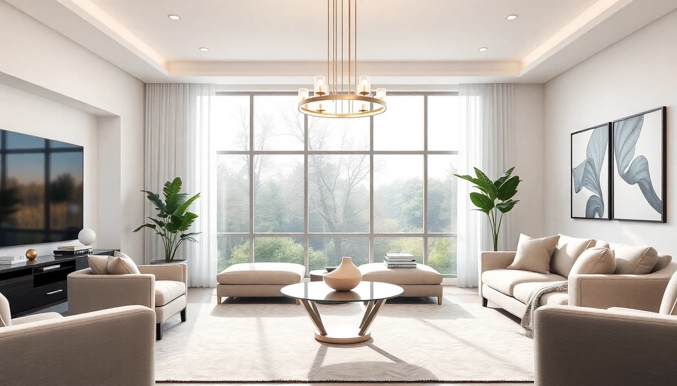 Shop ModernLighting with a contemporary chandelier illuminating a stylish living room.