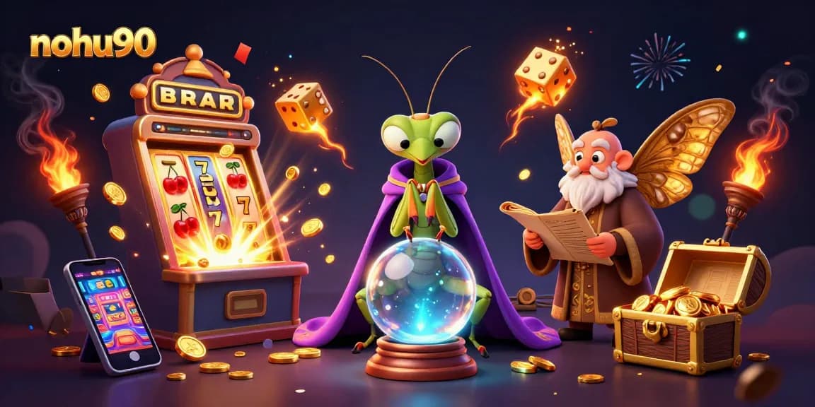 Experience the excitement at Nohu90 with a vibrant illustration featuring 3D characters and jackpot games.