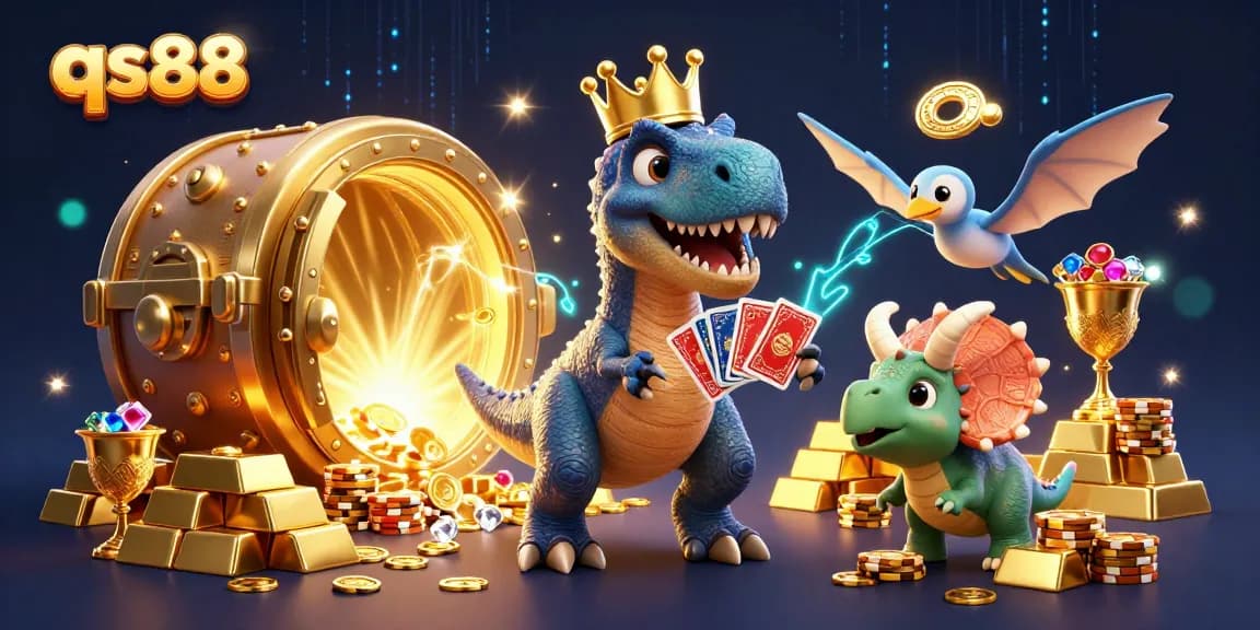 qs88 players enjoying a lively casino scene with a T-Rex and friends surrounded by gold
