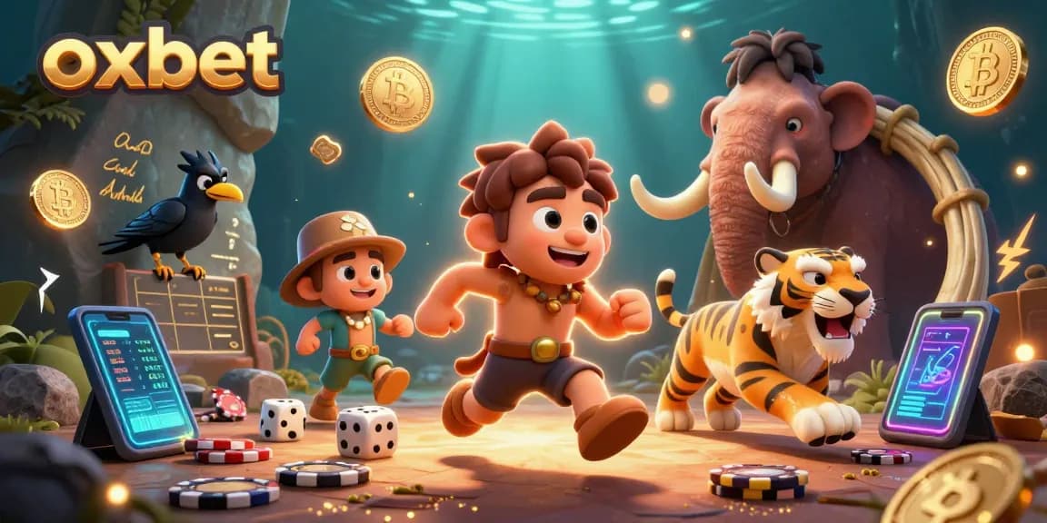 Join oxbet in a dynamic casino scene featuring a caveman and sabertooth tiger amidst crypto-inspired game elements.