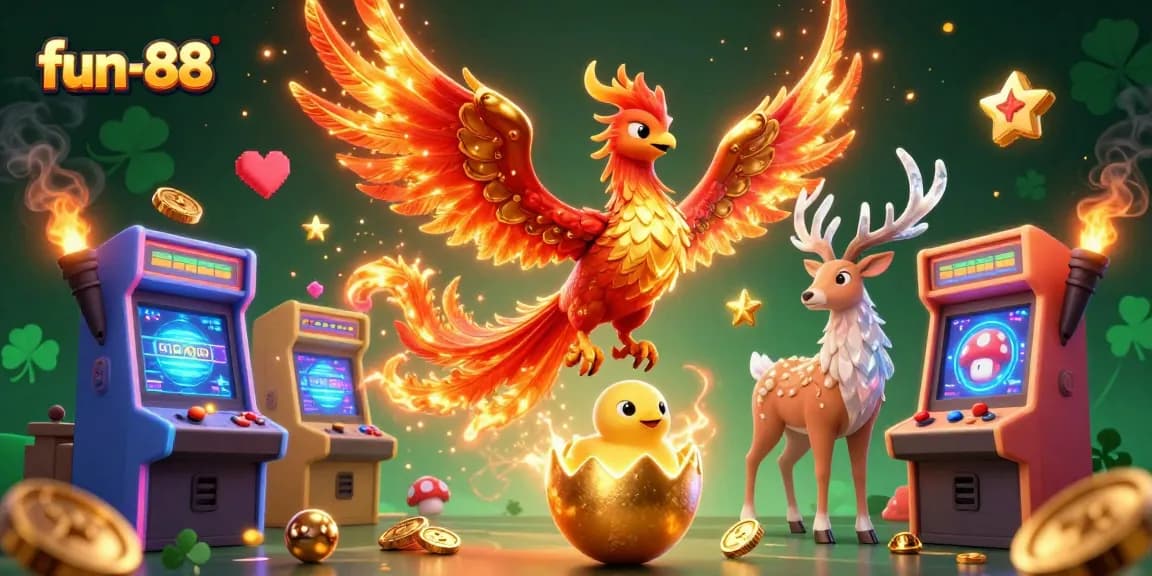 Experience fun-88 with a vibrant, ultra-detailed 3D visual of dynamic gaming elements and mythical characters.